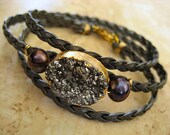 Tiny Treasures - Gunmetal Grey Braided Triple Leather Wrap Silver Drusy Quartz and Pearl 14k Gold Fill Bracelet