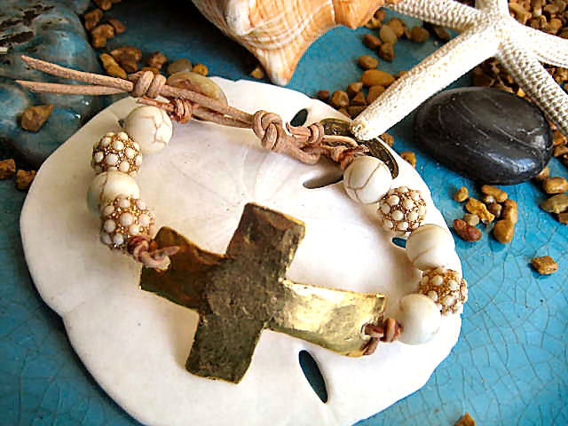 Have Faith... Statement Boho Leather White Howlite & Pave Beaded Bracelet with SideWay Hammered Gold Cross and Antique Chinese Coin Replica