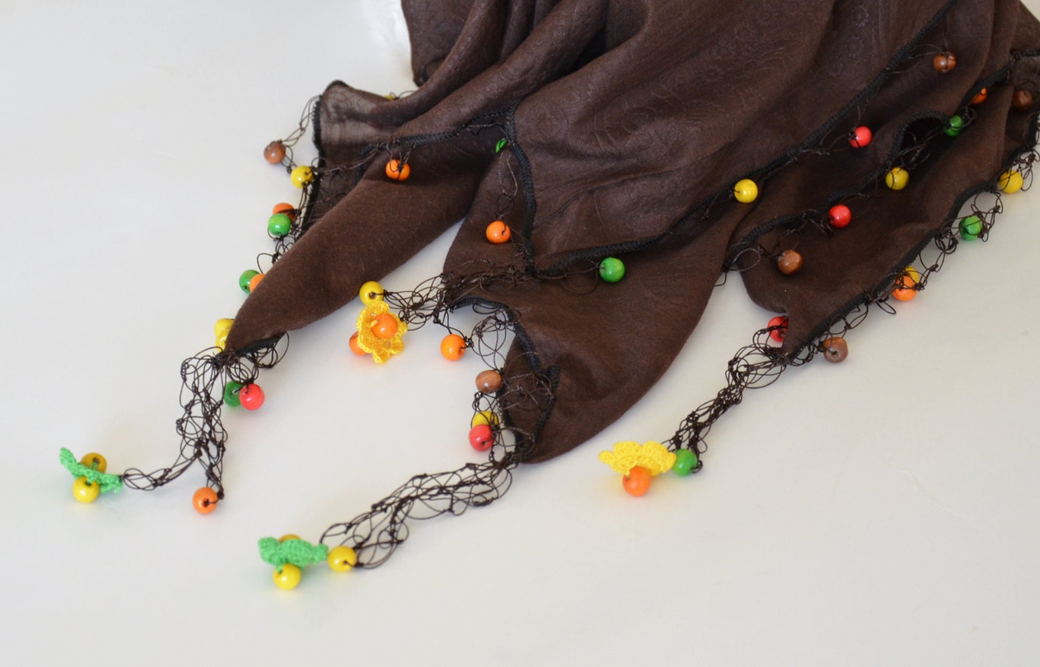 Brown Square Cotton Scarf, Beaded lace with Crochet Flowers, Turkish Cotton Fabric, Beadwork