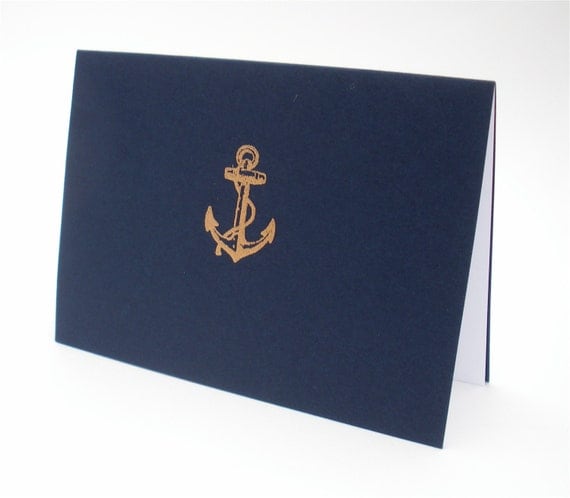 Navy Blue Nautical Anchor Stationery with Gold Embossed Anchor and Hand Lined Envelope