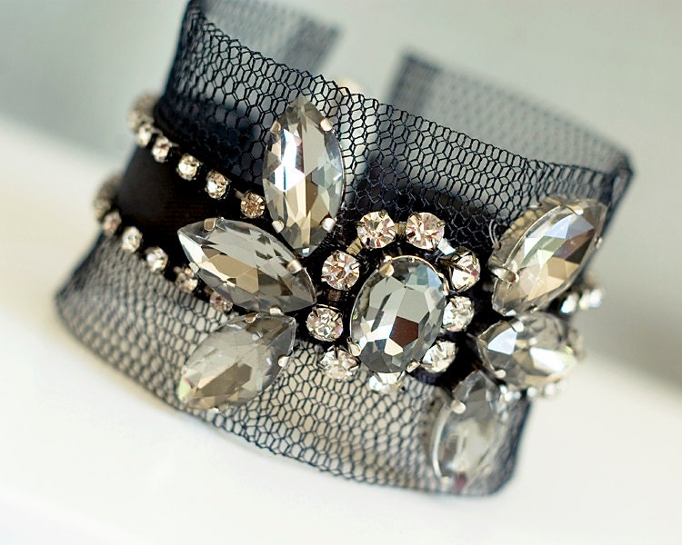 Black Diamond Crystal Rhinestones Mesh Bracelet. Evening, Party Mesh Bracelet. Prom Bracelet. Fashion Jewellery. Evening Jewellery.