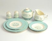 Sevron Blue Lace Dinnerware Set - Plates, Salt & Pepper Shakers, Cream Pitcher, Sugar Bowl - 1950's Vintage Kitchen Serving