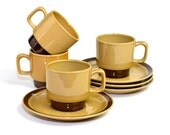 Rustic Coffee Cup and Saucer Set by La Mesa Stoneware, Japan - 8 PIECES (4 SETS) Included - Stacking Mugs, Retro Brown - Vintage Kitchen