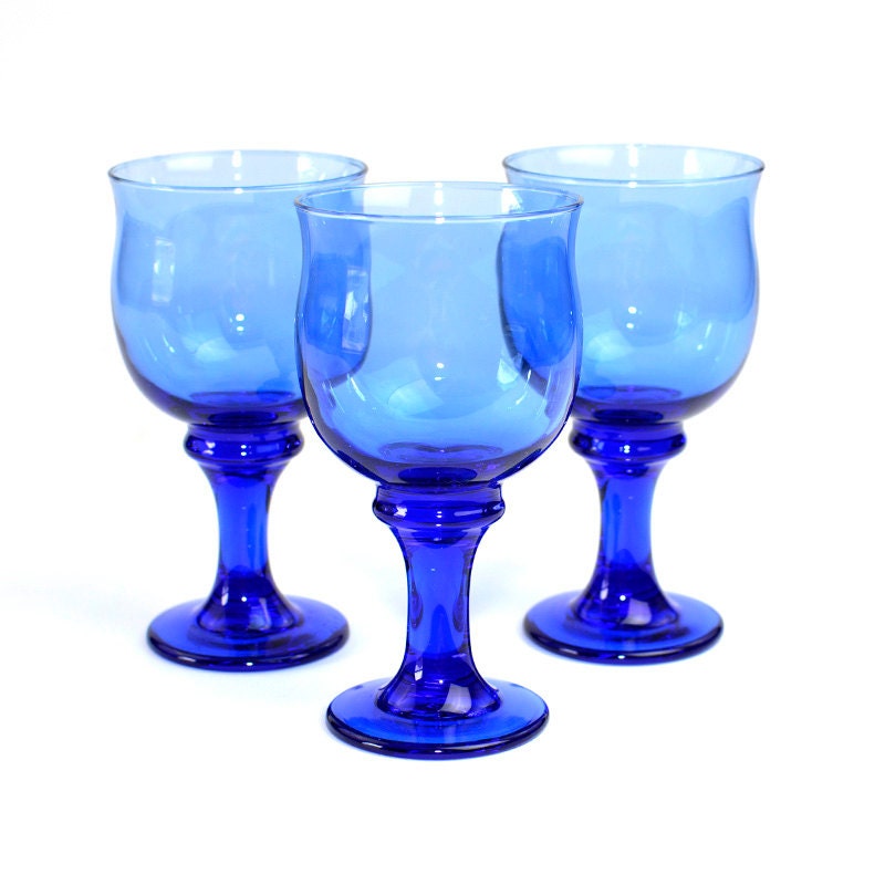 Cobalt Blue Glass Goblets by Libbey Rock Sharpe - Large Size, Tulip Style, Party Serving - Wedding Toast, Vintage Kitchen or Bar - OneRustyNail