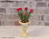 Dollhouse garden - Tulips and Grape Hyacinths in cream garden urn - 1:12 Scale Miniature (GF50)