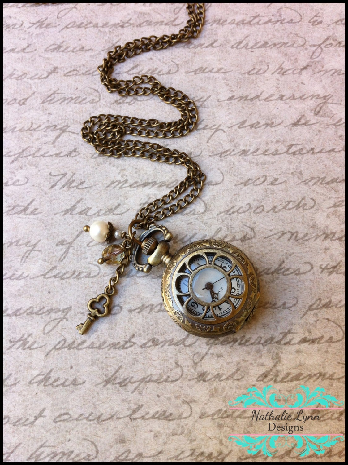 Pocket Watch Necklace, Antique Brass Necklace, Key Necklace
