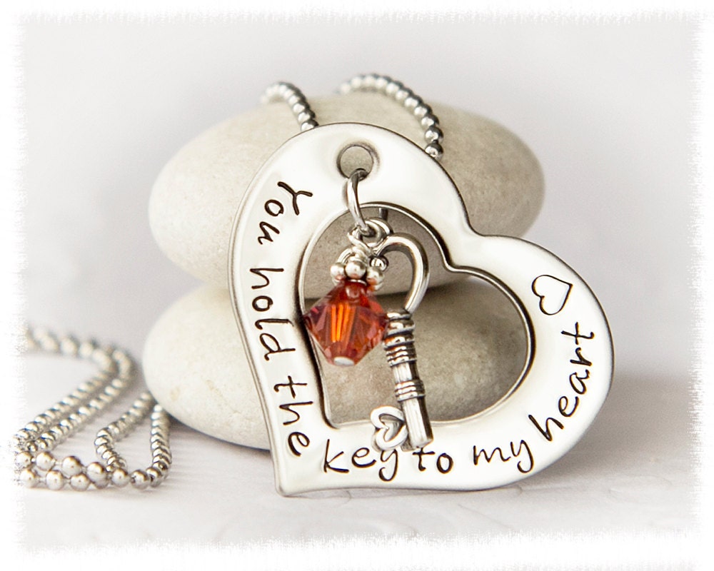 Hand Stamped Jewelry - Heart and Key Pendant - Personalized Heart Necklace