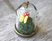 The Enchanted Faerie Mushroom Necklace - Handmade Butterfly Terrarium with Mossy Toadstool - Woodland Spring in Bloom