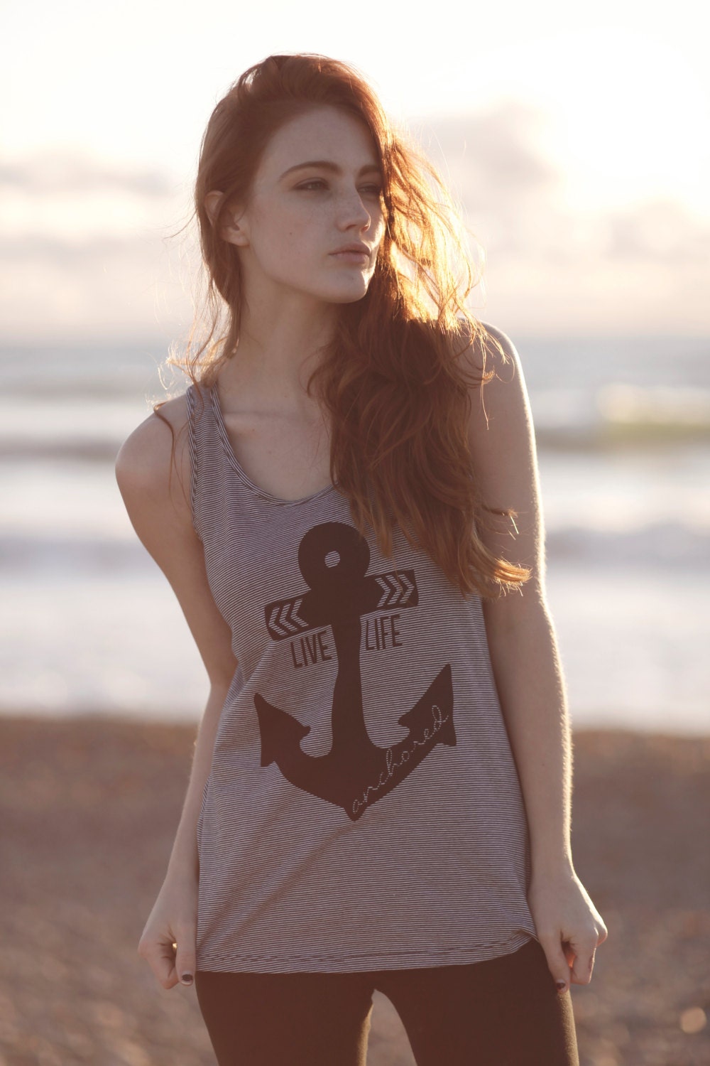 Live Life Anchored Striped Gathered Racerback Tank-Black
