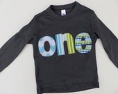 Long Sleeve Birthday Shirt  in Asphalt with chevron, stripes and tiny dots 1st Birthday