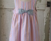 Girls, Toddlers, Babies, Coral, Grey, and Pink Ethnic Whimsical Stripe Dress with Bow