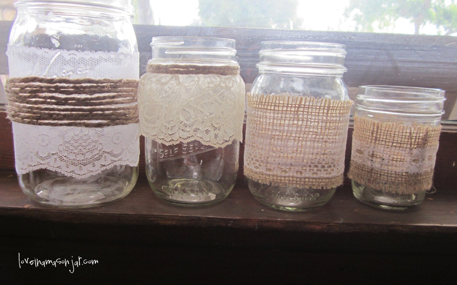 Rustic wedding decor - Mason Jar Lace - Candle Holder - Vase - Wedding Centerpiece - Decor- (Set of 4) - mix and match