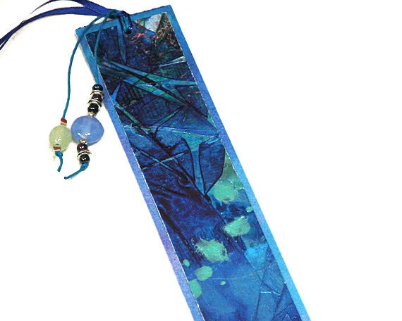Hand-painted bookmark / abstract / blue / beaded BK-18