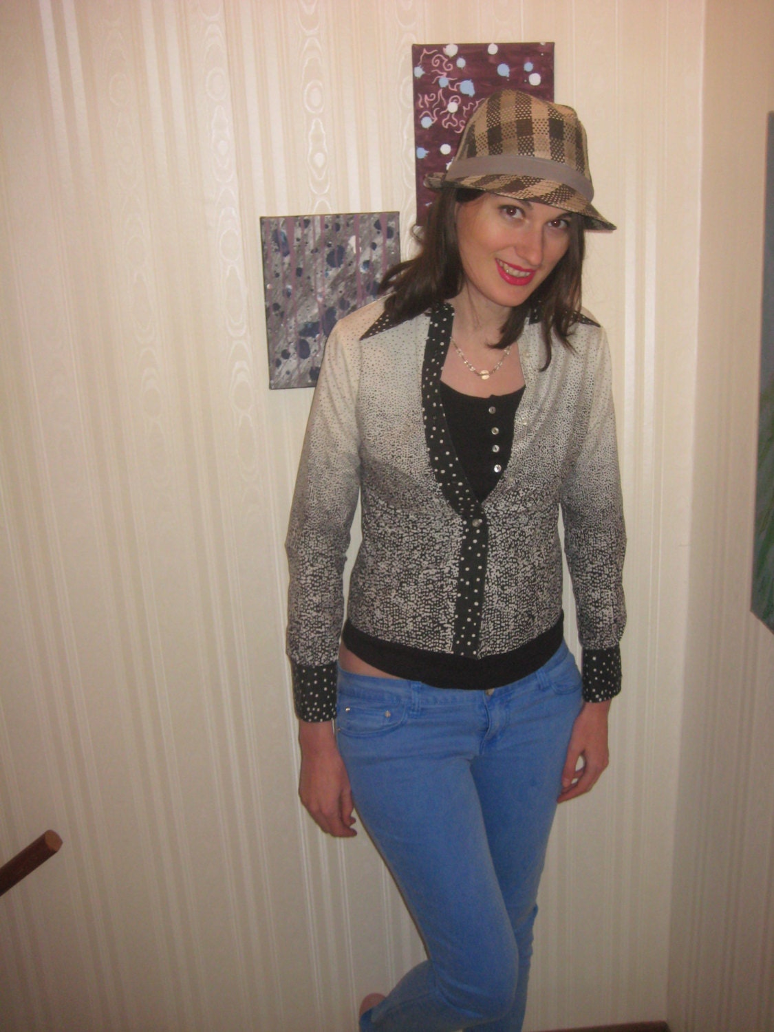SALE// Vintage Black and White Faded Dot Shirt with Long Collar by Ernesto