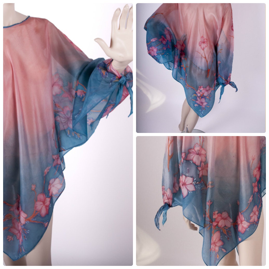 Cherry flowers Pinkish salmon silk  dress hand painted batik. , blouse, summer dress, tunic dress. Woman tunic plus size clothing, Womens XL
