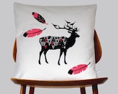 Scandinavian Retro deer  feather coral pink black geometric triangle off white Cushion Cover
