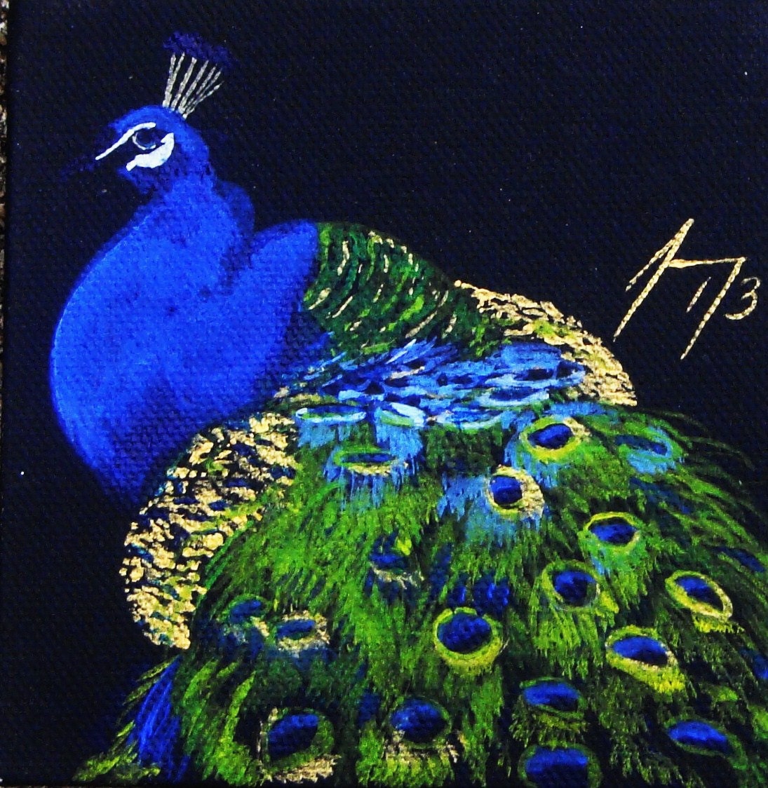 Tiny Colorful Peacock on Black Background Original Painting