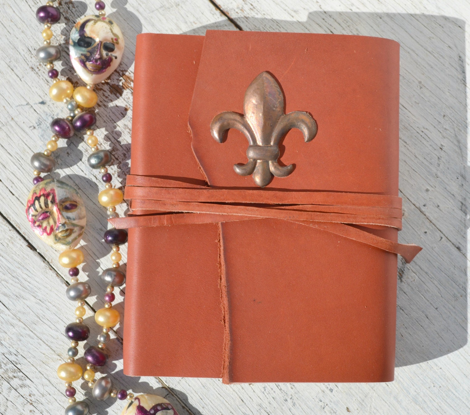 Handmade Red Leather Bound Journal New Orleans Travel Diary Fleur de Lis Vintage Map Art Notebook (181)