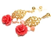 Coral Rose Earrings Gold Vermeil Scroll Vintage Angelskin Coral Chandelier