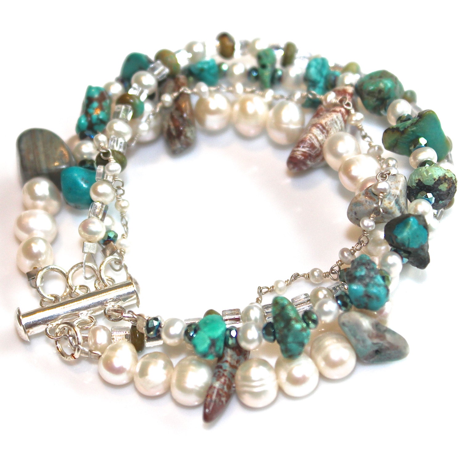 Pearl Cuff Bracelet Turquoise Nugget and Creamy Ocean Aqua Blue Multistrand Summer Jewelry FizzCandy