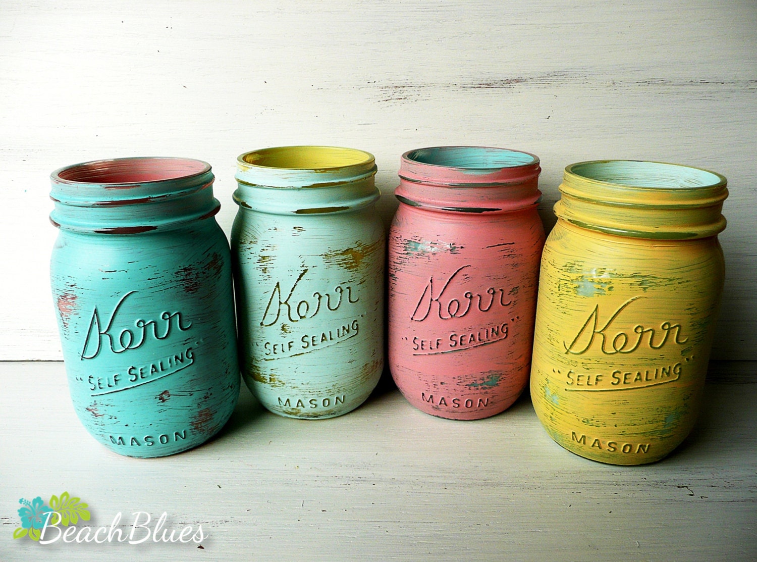 Miami inside/outside pint - Shabby Chic Hand Painted and Distressed Mason Jars - Vases