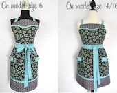 Stylish womens full bib cotton handmade retro kitchen apron-gathered skirt-brown and aqua floral-one size fits most