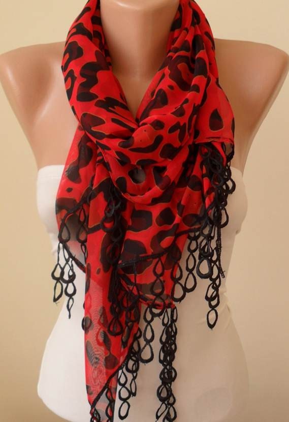 New - Mother's Day Gift Scarf - Orange Red and Black - Silk/Chiffon Scarf with Black Trim Edge