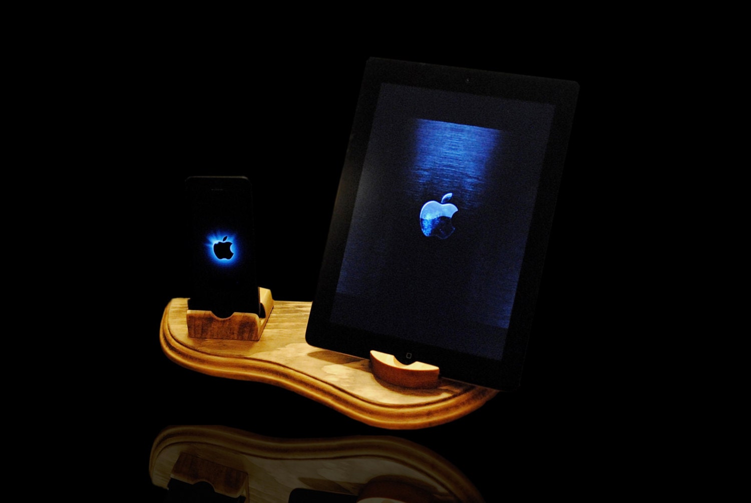 The "Dual Dock" dark walnut wooden docking station for iPhone, iPad, iPod and Android tablets and smartphones