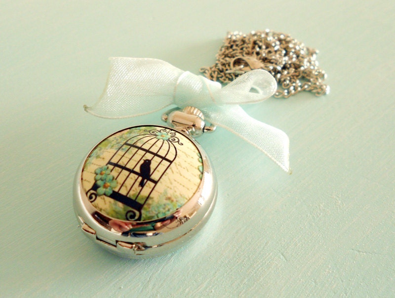 CLEARANCE Shabby Chic Blue Birdcage Pocket Watch Necklace - Vintage Inspired Spring Romantic Accessories - Antique Silver & Dusk Blue Ribbon