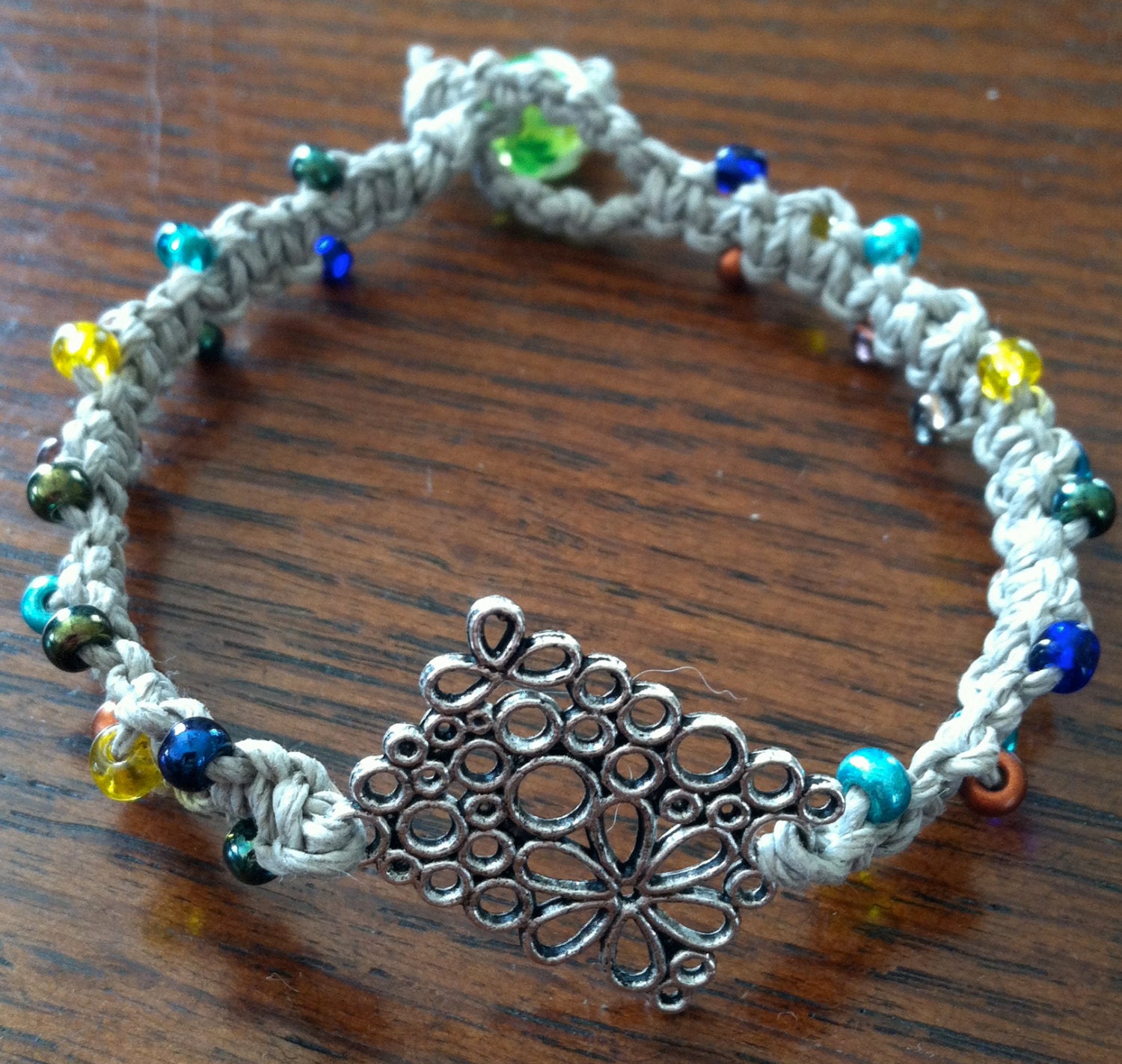 Handmade Light Gray Hemp Macrame Bracelet, Metal Floral Spacer, Multiple Glass Beads, Colorful Rainbow, Child or Adult