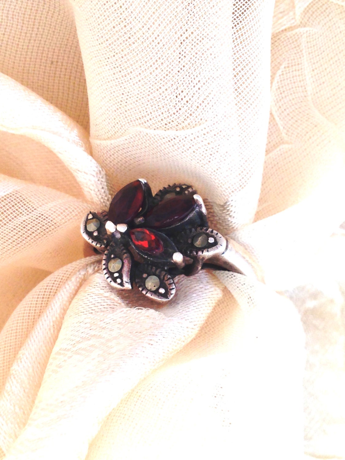 Vintage Garnet Bouquet Ring Marcasite Sterling Silver Estate Jewelry 1930s Art Nouveau