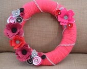 Yarn Wreath - VALENTINE'S DAY - TEENAGER 12 inch Hot Pink Yarn Covered Straw Wreath with Handcrafted Felt Flowers and Silver Accents