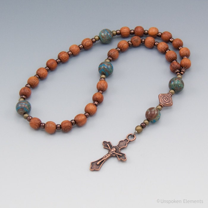 Anglican Prayer Beads, Christian Gifts, Natural Wood, Jasper Gemstones, Brown, Blue, Copper