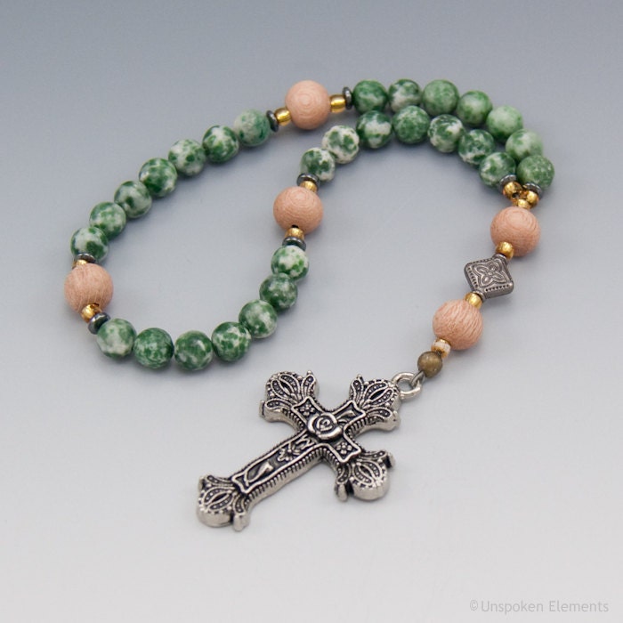 Anglican Rosary, Tree Agate & Rosewood, Christian Prayer Beads, Green, Includes Gift Box