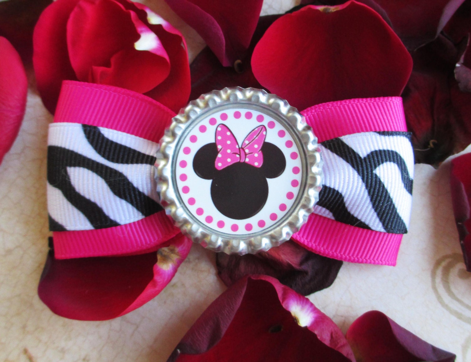 Minnie Mouse hair bow Disney hair clip Pink Princess headband cute holiday vacation girls zebra print bottle cap