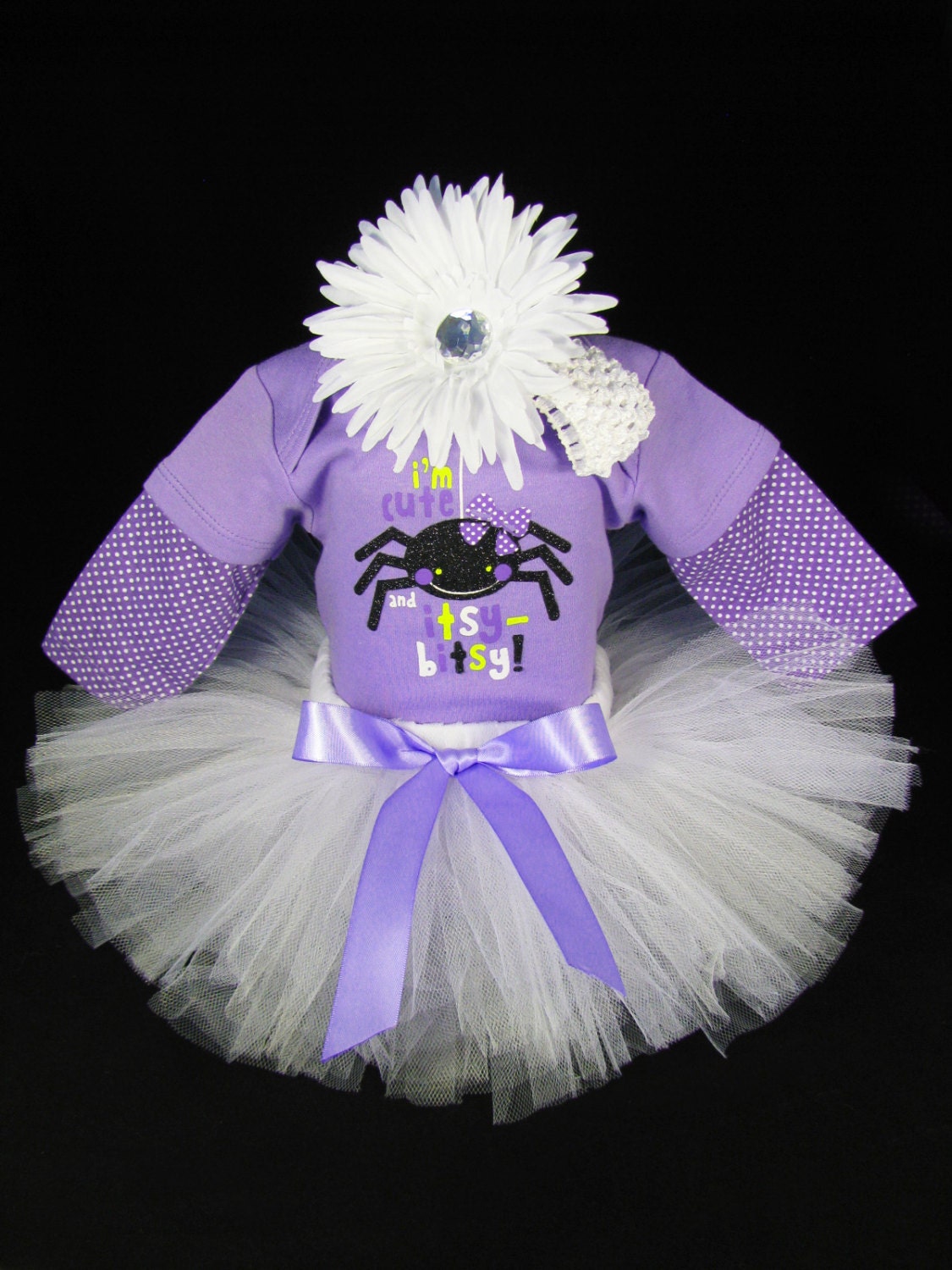 Babys First Halloween Outfit  " I'm Cute and Itsy Bitsy Spider " - Girls Tutu Bodysuit and Headband Set - Size 12 Months
