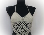 Beige Crochet Skull Halter Top-Tank top open back- summer-Crochet Hippie Fringe Halter Top-Beige crochet skull top