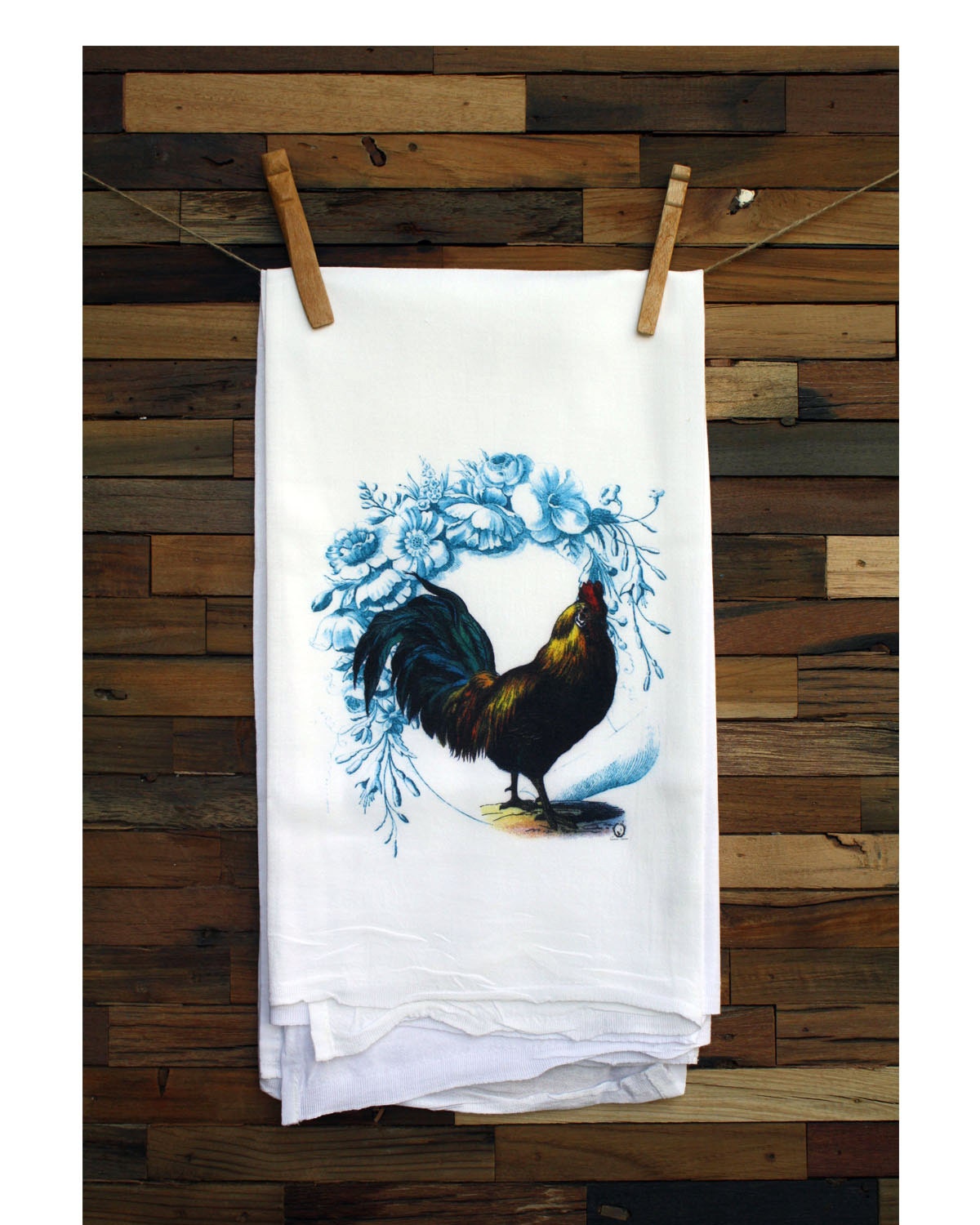 100% Cotton Flour Sack Chef's Kitchen Dish Farmhouse Rooster with Turquoise Flowers Great Hostess Gift