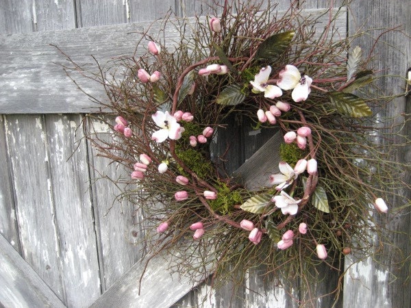 Spring wreath - Country wreath - Primitive wreath - Pink Dogwood and berries on Sweet Huck wreath - Pink wreath - Wreath for door or wall