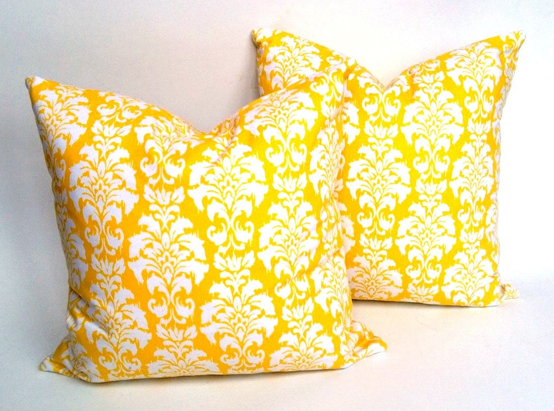 PAIR Yellow Ikat Patterned Pillows Down & Feather Inserts Included SHIPPING INCLUDED