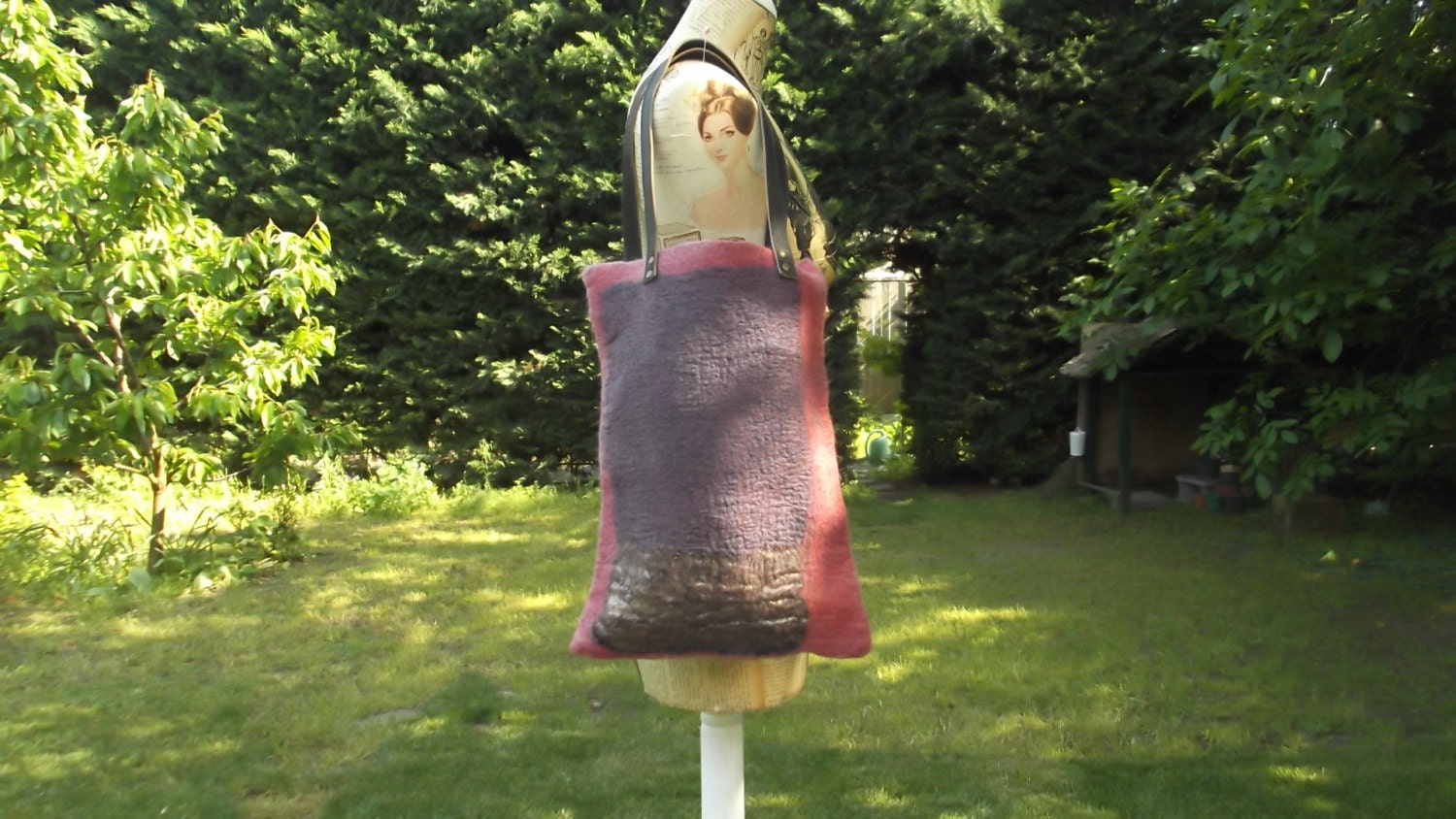 nuno felted purple tote bag with genuine leather handle