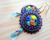 Beaded Multicolor Earrings, Beadwork earrings, Embroidery Jewelry, Lampwork Glass Cabochon, spring colors, handmade, OOAK, Ready to ship