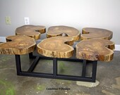 Funky Coffee Table. Modern/urban, mid century. Teak slab/crosscut  top. Industrial Steel base. Custom sizes. (vintage, live edge, wood)    )
