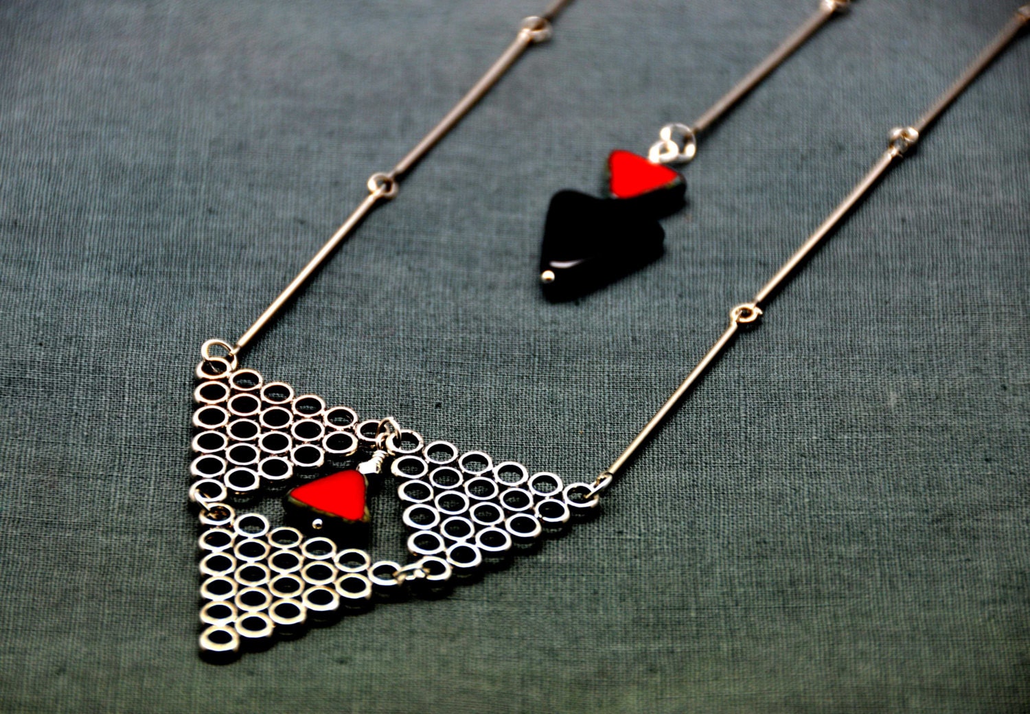 Triangle Bubbles necklace made triangle black and red czech crystals and silver toned brass filigrees
