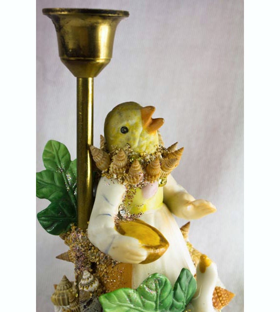 Chic Chicken Candle-holder Assembled From Seashells, Rhinestones and Ceramich Figurines. Bohemian, One of a Kind Home Decor.