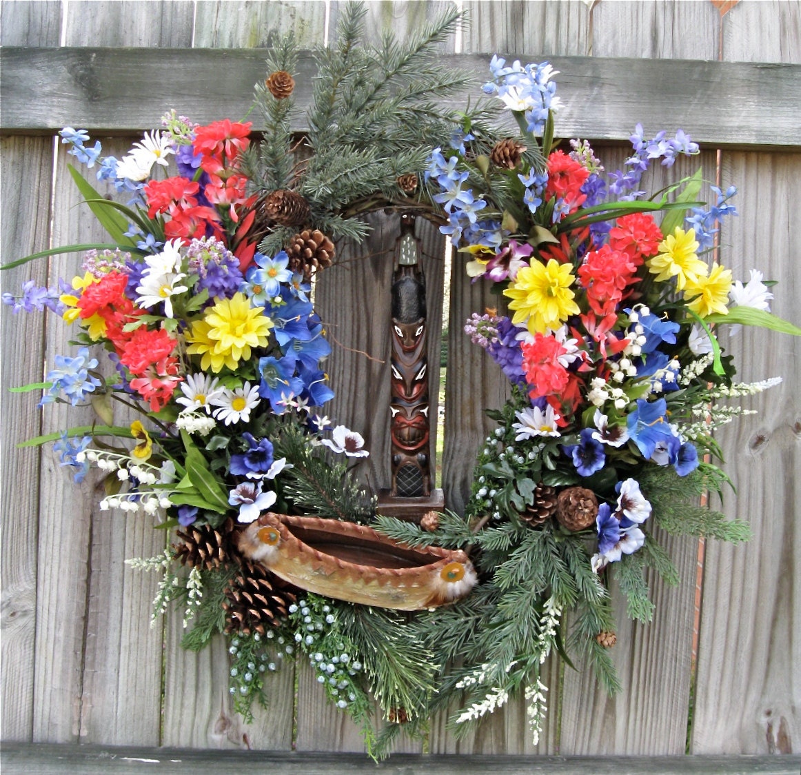 SALE  Pacific Northwest Wildflowers Wreath, Alaska, Canada, Totem, Canoe