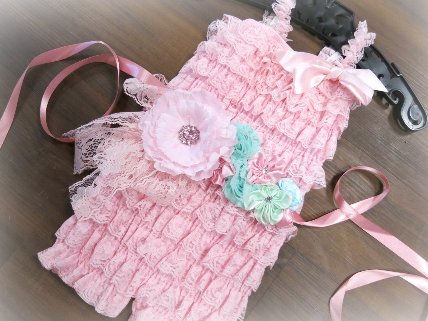 Romper with Belt and Pearls, Pastel Outfit, Gift set, Pearl Necklace, Birthday, Photo Prop, Rhinestones, Lace, Turquoise, Aqua, Baby Pink