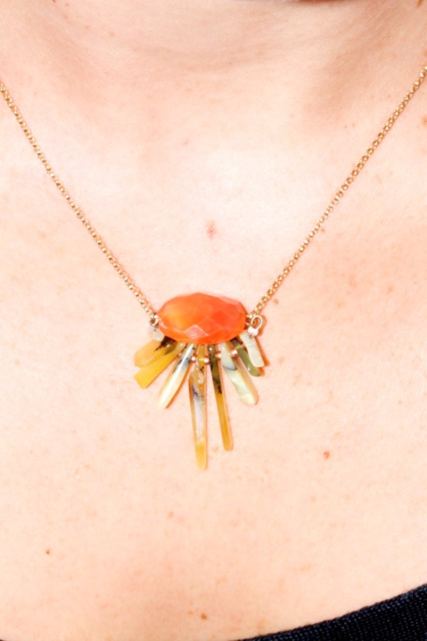 Orange and Yellow "Ray" Necklace of Semi-Precious Stones: Faceted Carnelian and Yellow Opal in 14K Gold Fill Chain