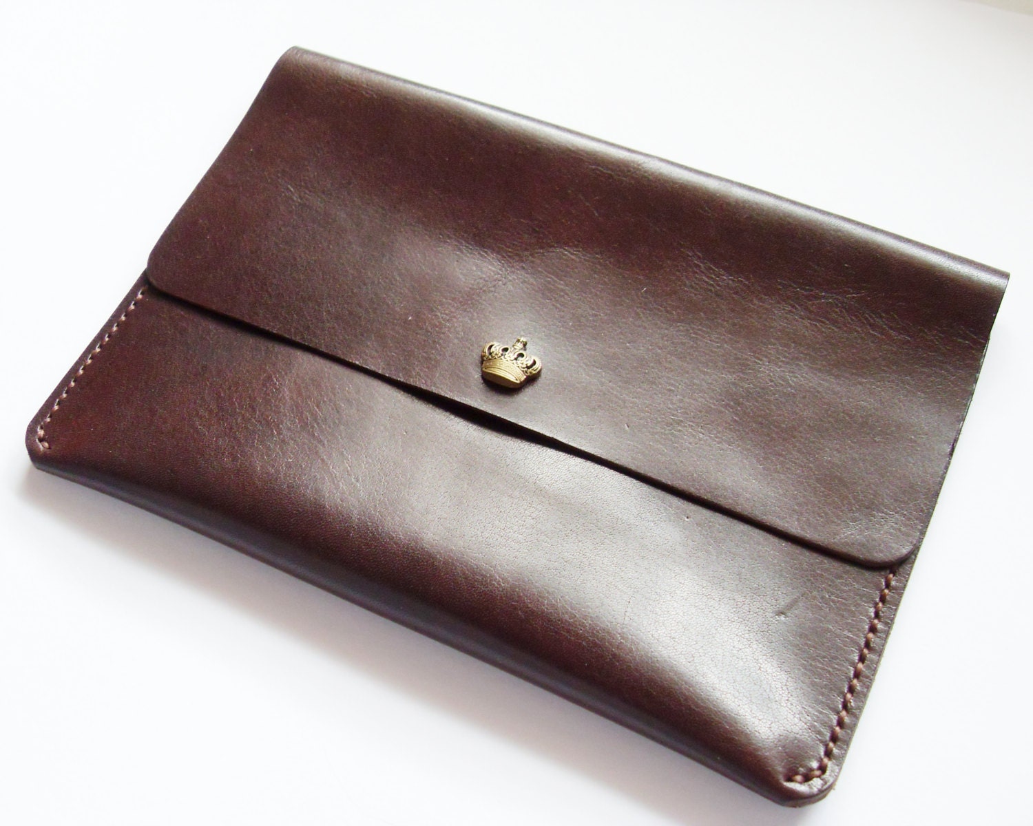 iPad Mini Case - Leather iPad Mini Sleeve with Crown Button Snap in Dark Brown  - Handmade & Hand Stitched - Free Monogram