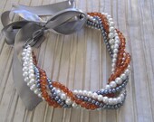 Wedding, Chunky Pearl Statement Necklace, Multi Strand Necklace, Twisted Bridal Necklace, Bridesmaid Necklace, Bib Necklace, Grey Ribbon - SLDesignsHBJ Wedding, Chunky Pearl Statement Necklace, Multi Strand Necklace, Twisted Bridal Necklace, Bridesmaid Necklace, Bib Necklace, Grey Ribbon - SLDesignsHBJ